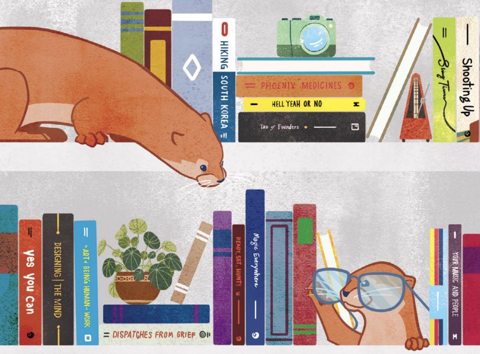 Two otters browsing a bookshelf, one peering down from the shelf above, the other trying on a pair of reading glasses